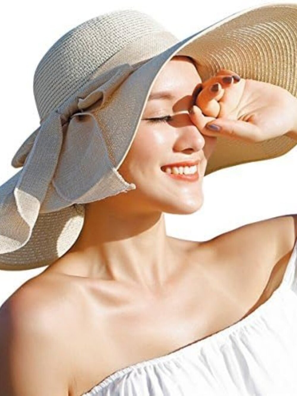 Women's Beige 5.7 Inches Big Bowknot Straw Hat Large Floppy Foldable Cap